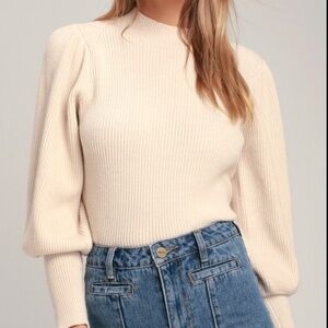 NEW! LuLus Eugenie Balloon Puff Sleeve Ribbed Cream Sweater Size XS NWT!